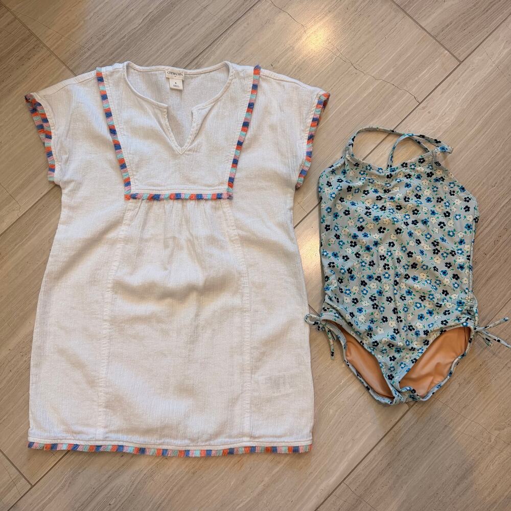 J.Crew‎ Crewcuts Swimsuit Cover Up Set Floral 2Pc Set Swim Summer Trip Blue 4-5
